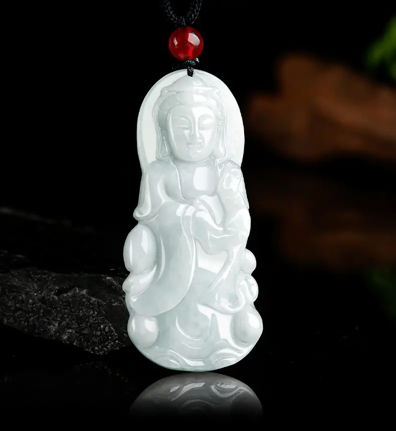 Natural Burma Jade Guanyin Pendant with Red Chain — feature 3