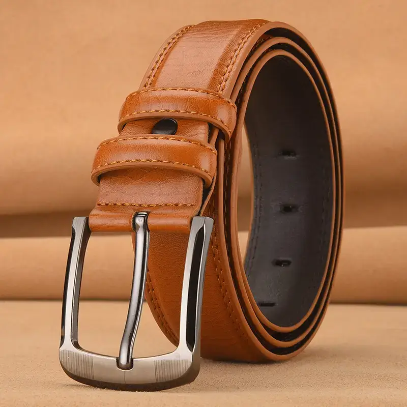 Men's Brown Leather Belt with Silver Buckle - Image 2