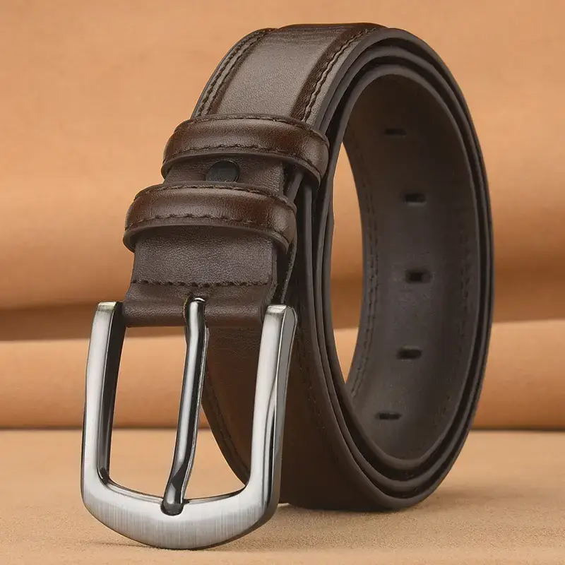Men's Brown Leather Belt with Silver Buckle - Image 3
