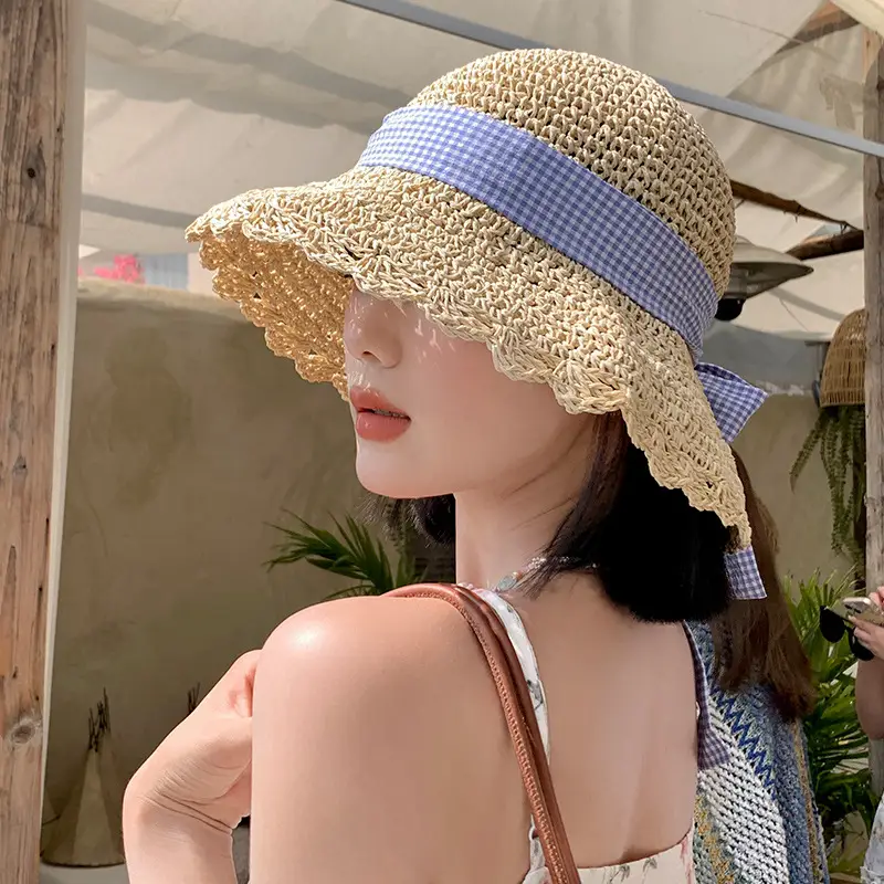 Women Large Straw Hat with Beaded Edge & Pearl Necklace - Image 5