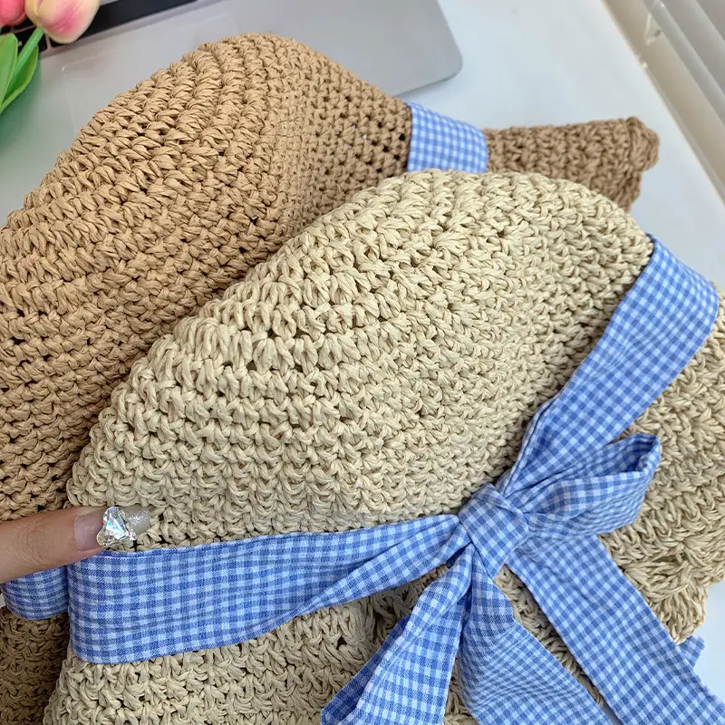 Women Large Straw Hat with Beaded Edge & Pearl Necklace - Image 6