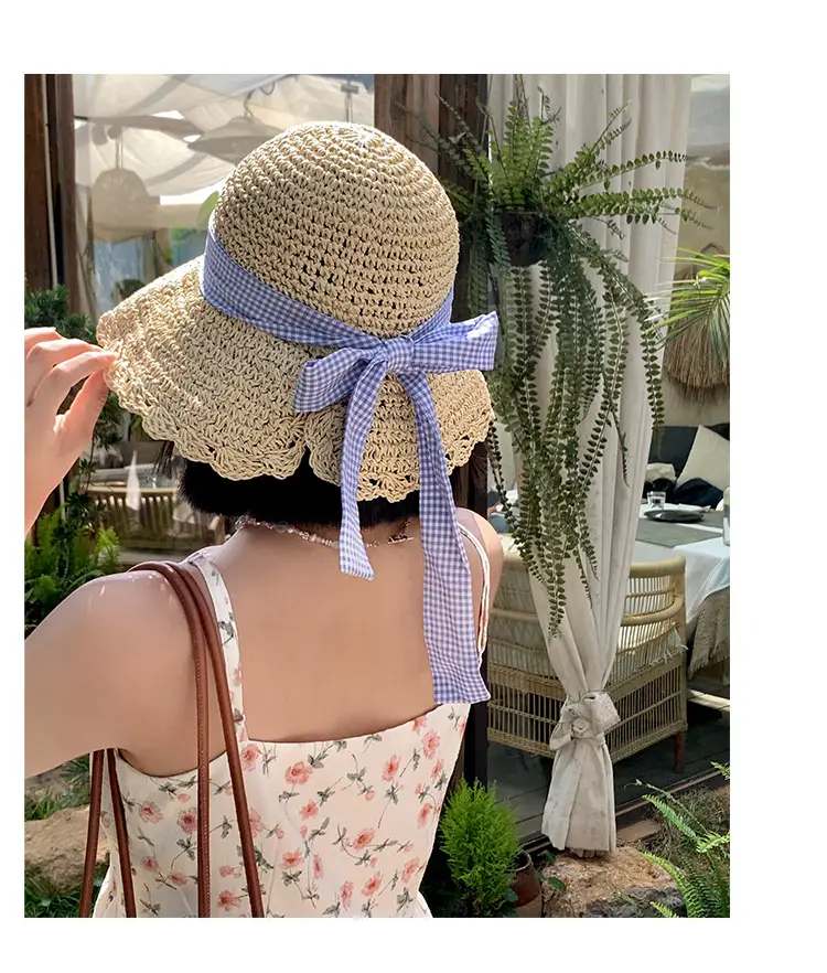 Women Large Straw Hat with Beaded Edge & Pearl Necklace — feature 4