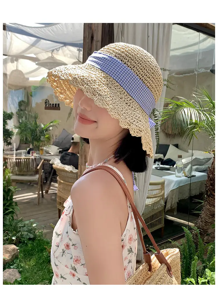 Women Large Straw Hat with Beaded Edge & Pearl Necklace — feature 5