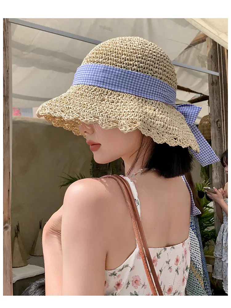 Women Large Straw Hat with Beaded Edge & Pearl Necklace — feature 6