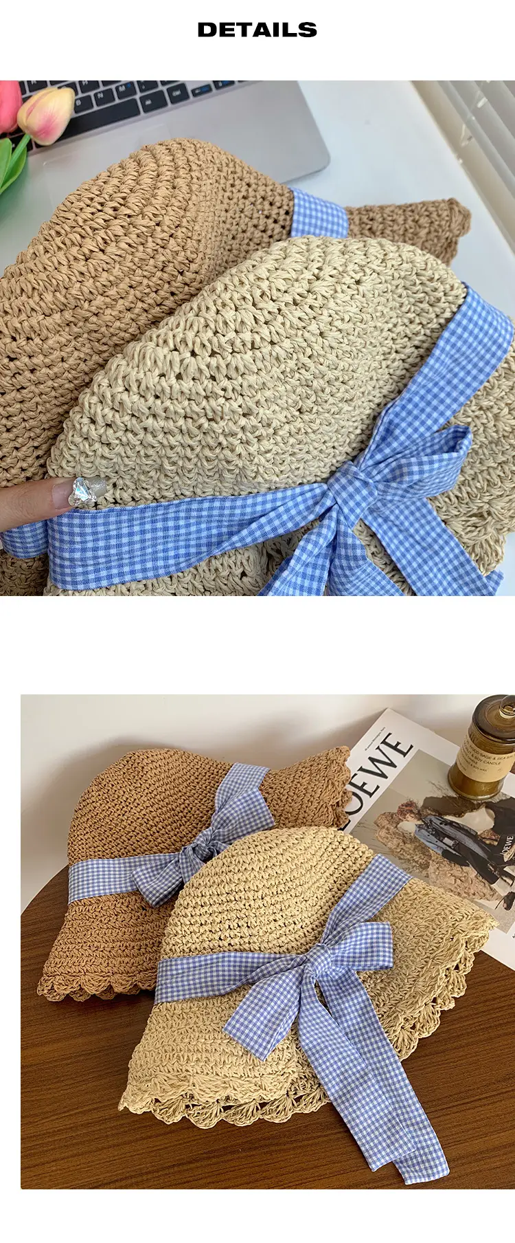 Women Large Straw Hat with Beaded Edge & Pearl Necklace — feature 7