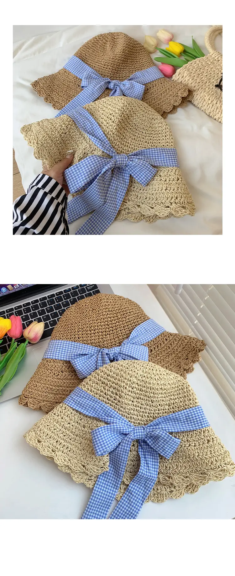 Women Large Straw Hat with Beaded Edge & Pearl Necklace — feature 8