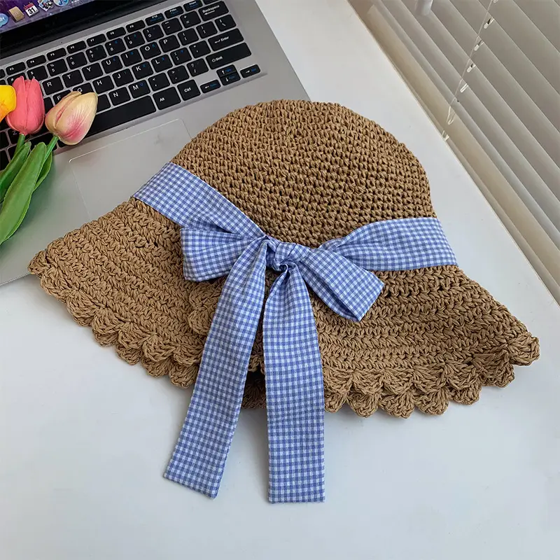 Women Large Straw Hat with Beaded Edge & Pearl Necklace - Image 2
