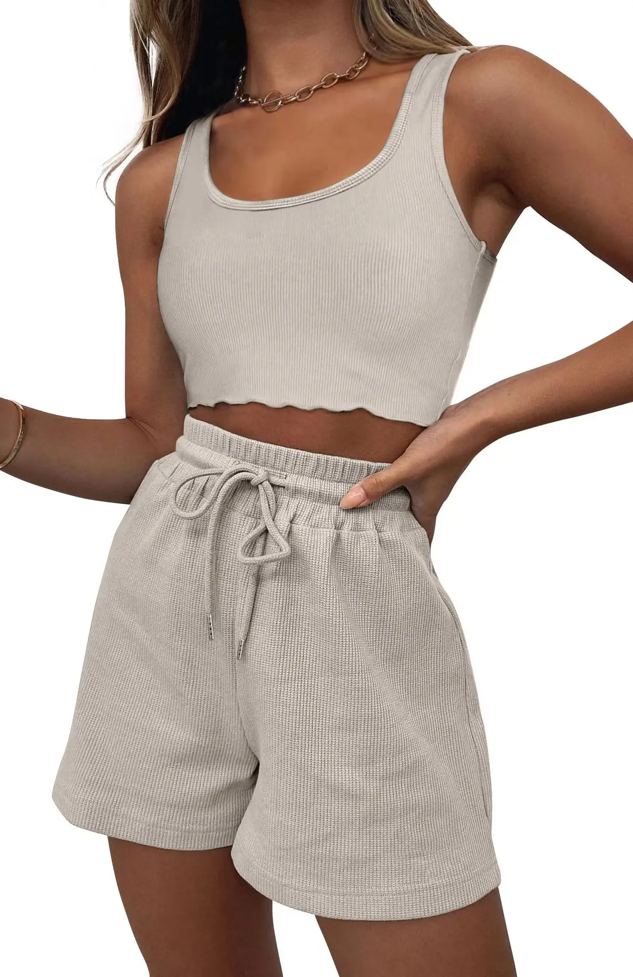 Women's Grey Sleeveless Shorts Set Summer Casual