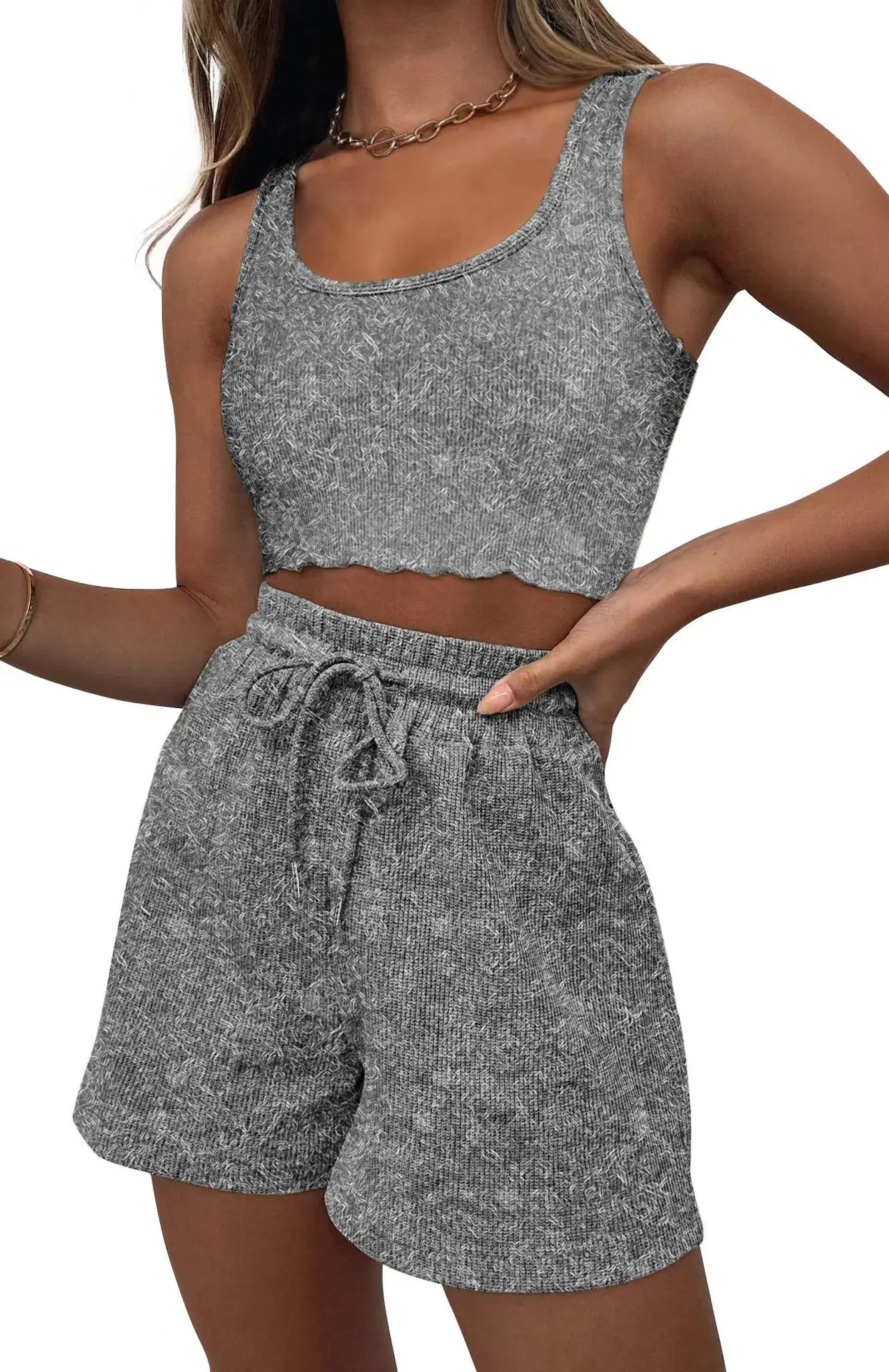 Women's Grey Sleeveless Shorts Set Summer Casual — feature 10
