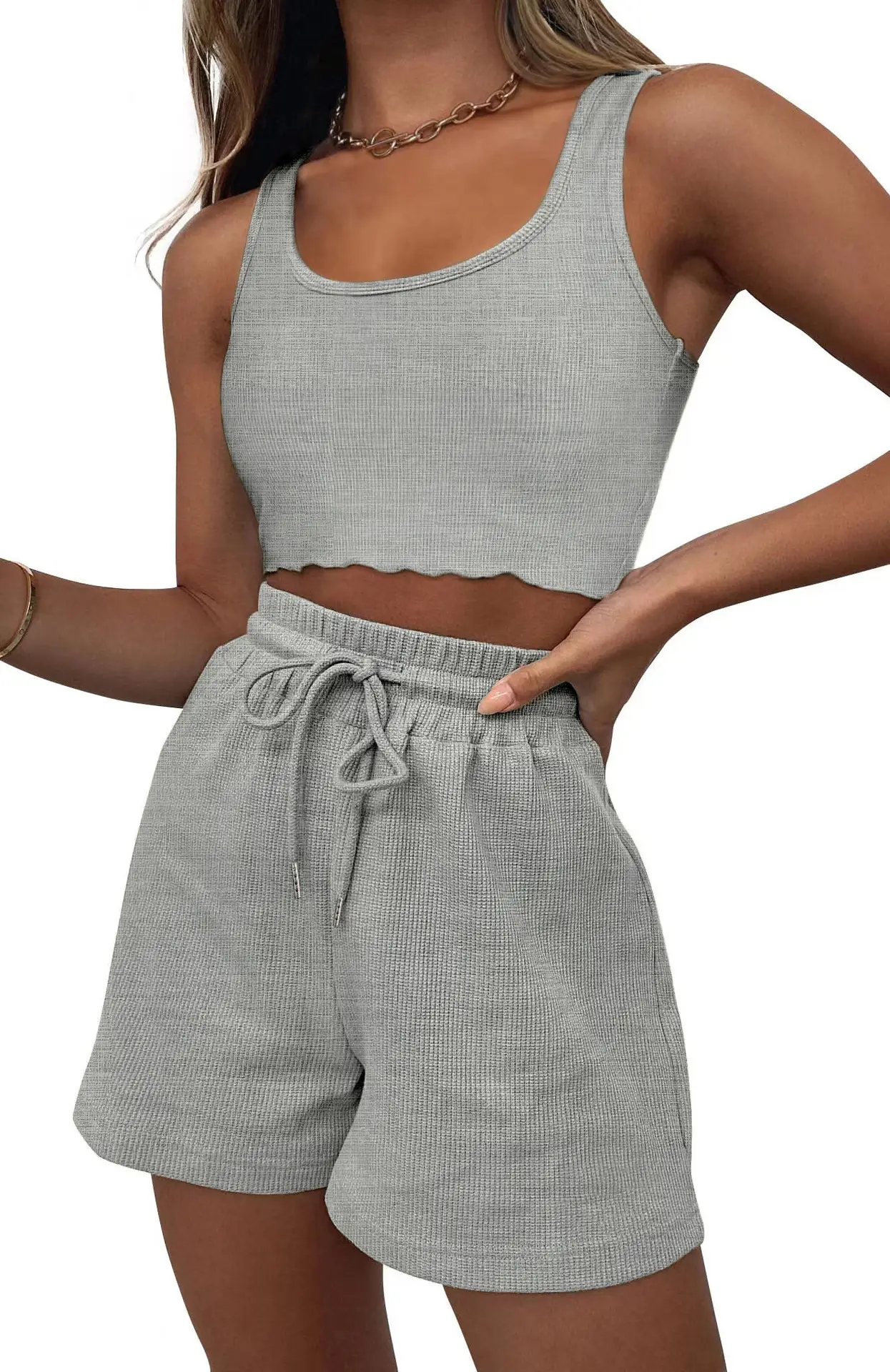 Women's Grey Sleeveless Shorts Set Summer Casual — feature 11