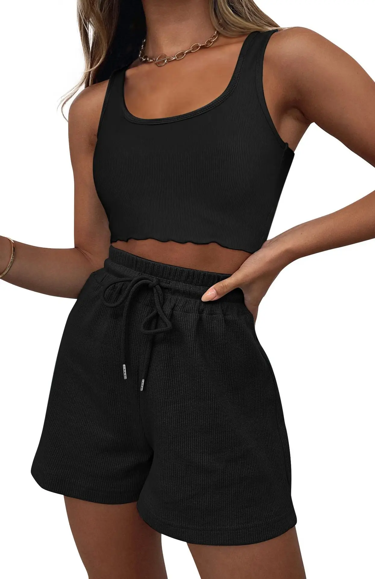 Women's Grey Sleeveless Shorts Set Summer Casual — feature 2