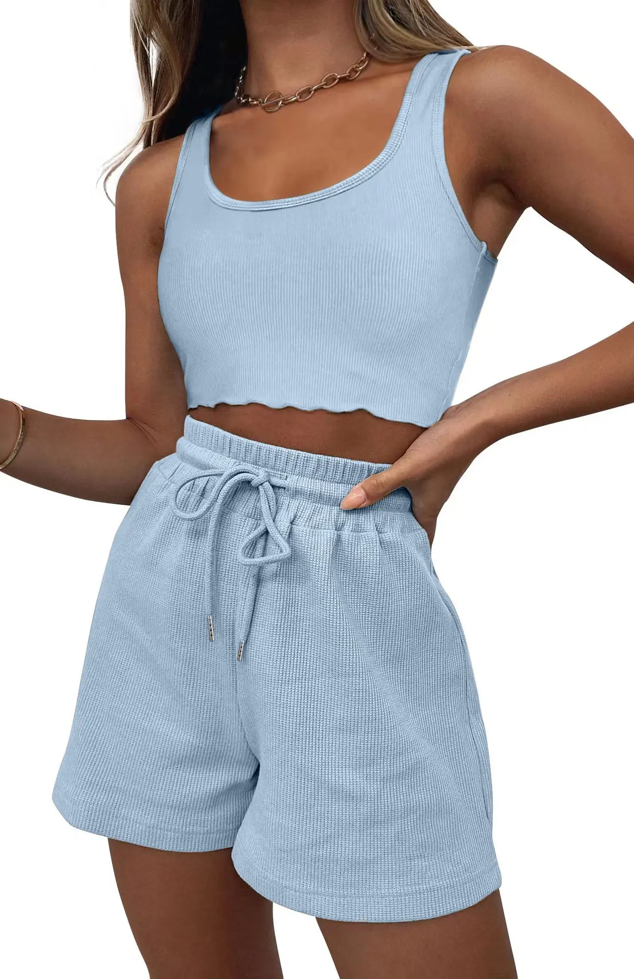 Women's Grey Sleeveless Shorts Set Summer Casual — feature 20