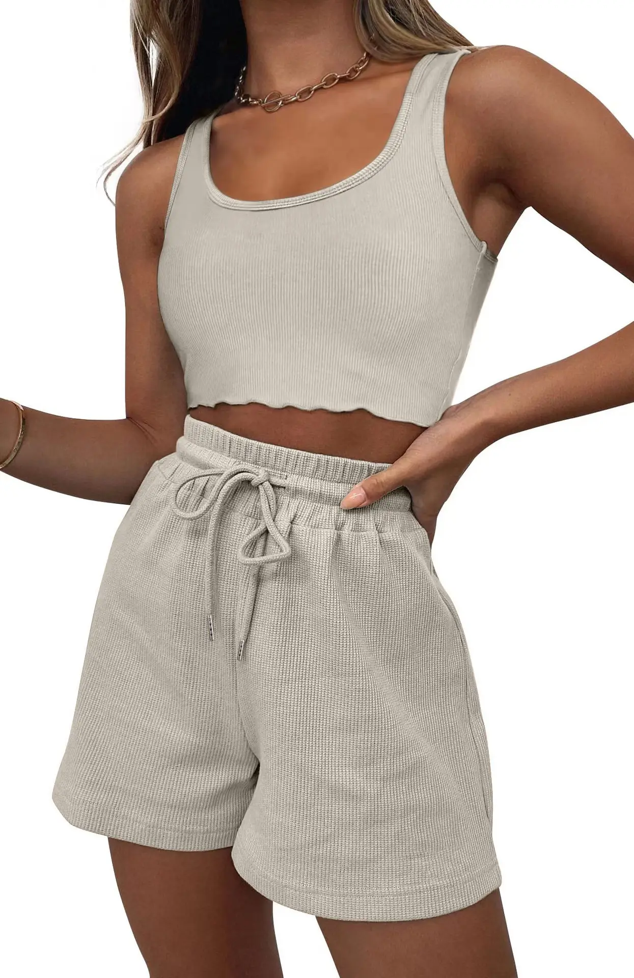 Women's Grey Sleeveless Shorts Set Summer Casual — feature 5