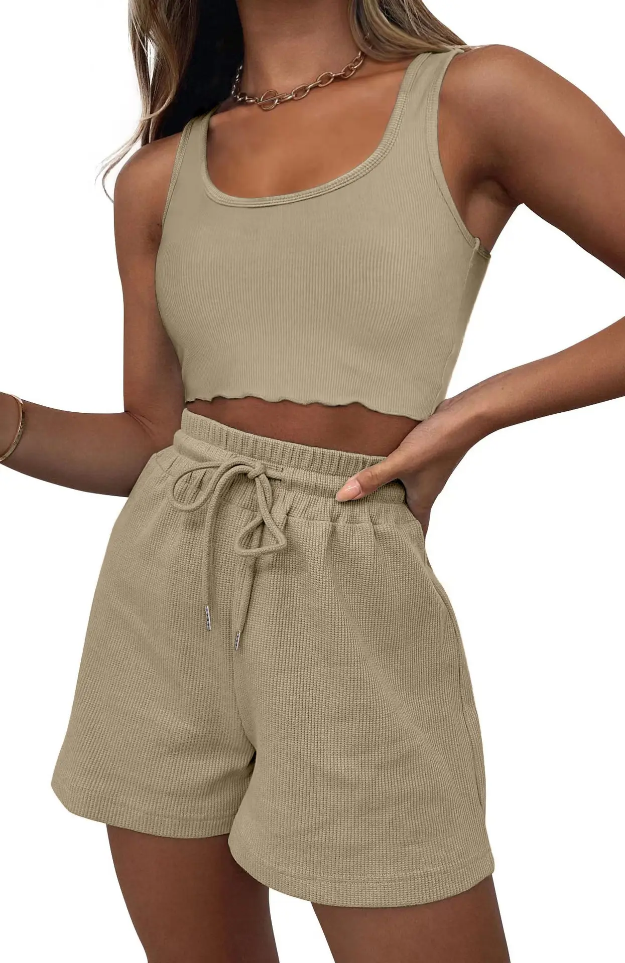 Women's Grey Sleeveless Shorts Set Summer Casual — feature 9