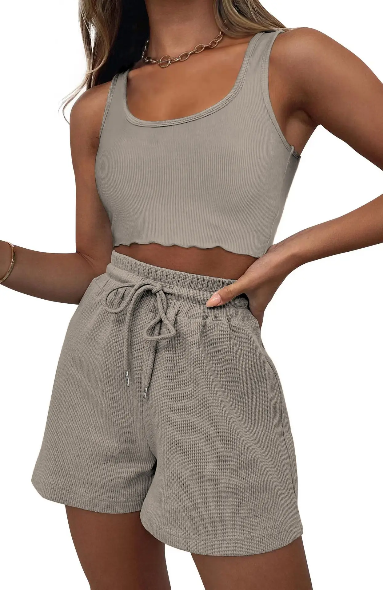 Women's Grey Sleeveless Shorts Set Summer Casual