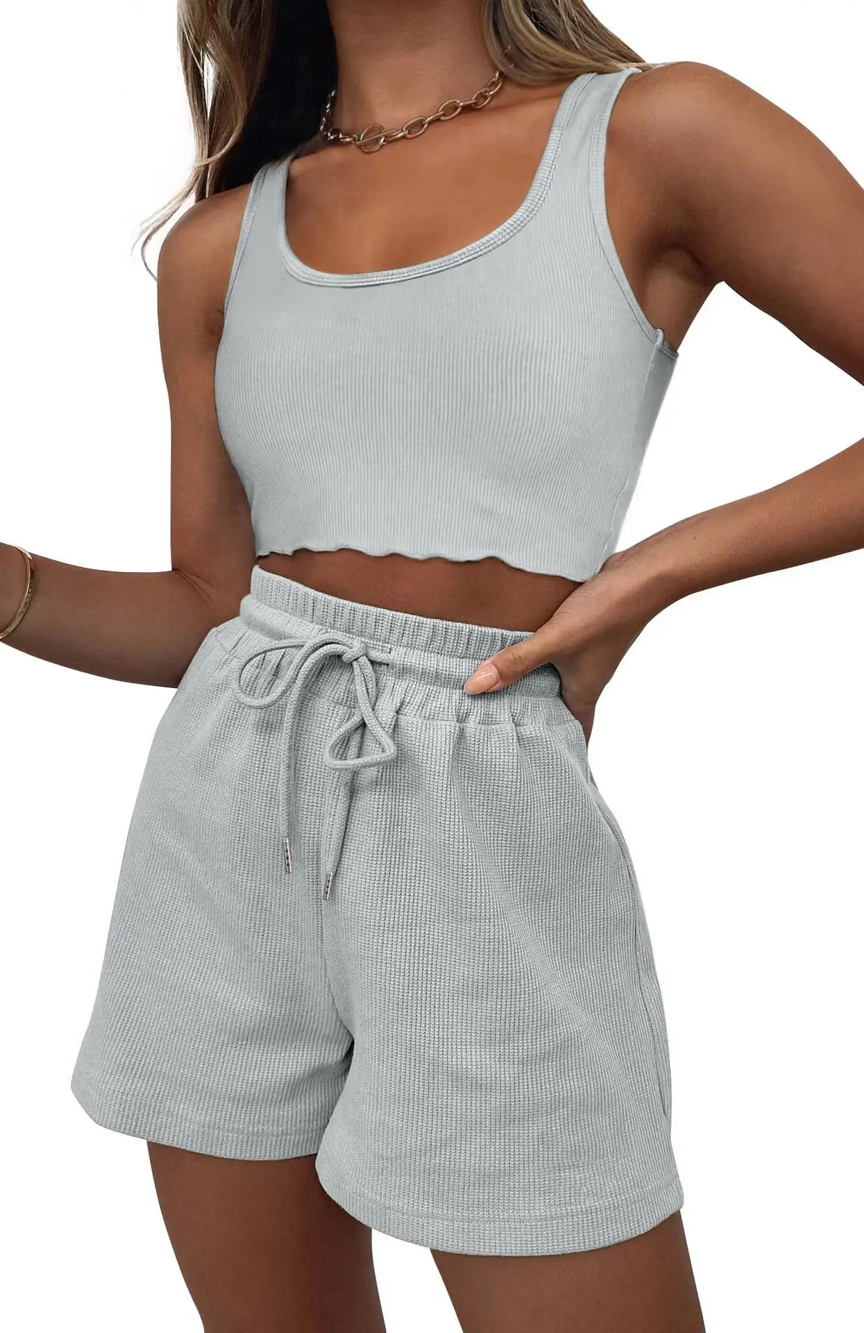 Women's Grey Sleeveless Shorts Set Summer Casual