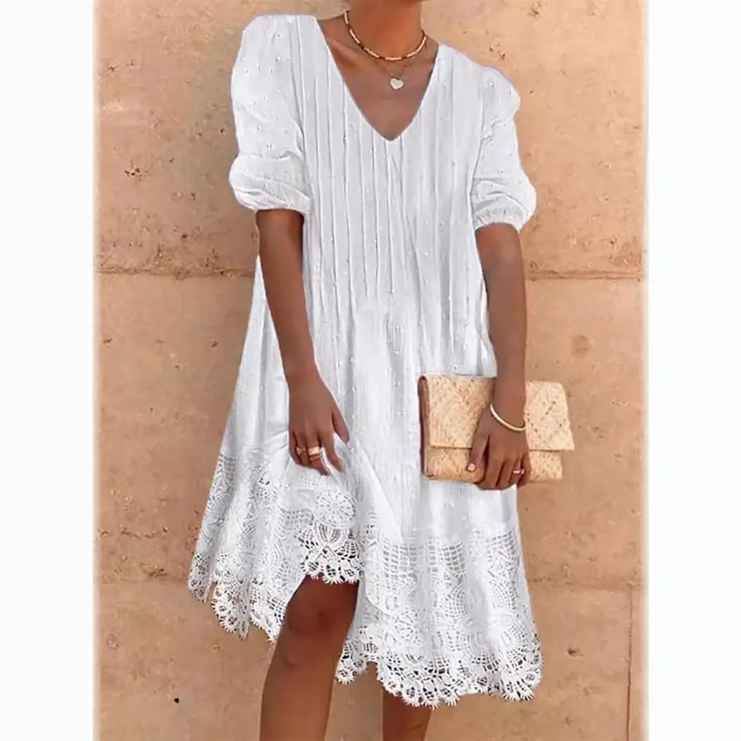 White V-Neck Lace Summer Dress for Women