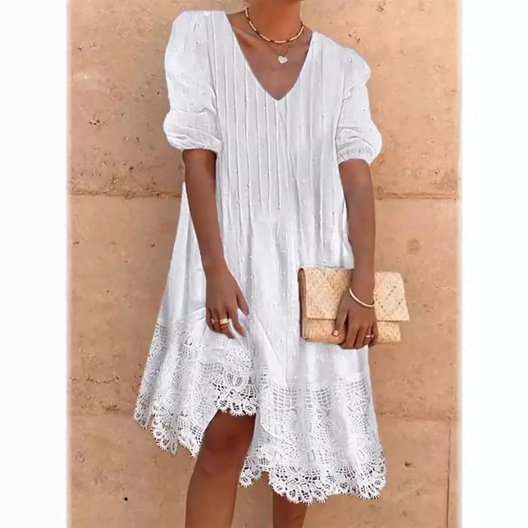 White V-Neck Lace Summer Dress for Women