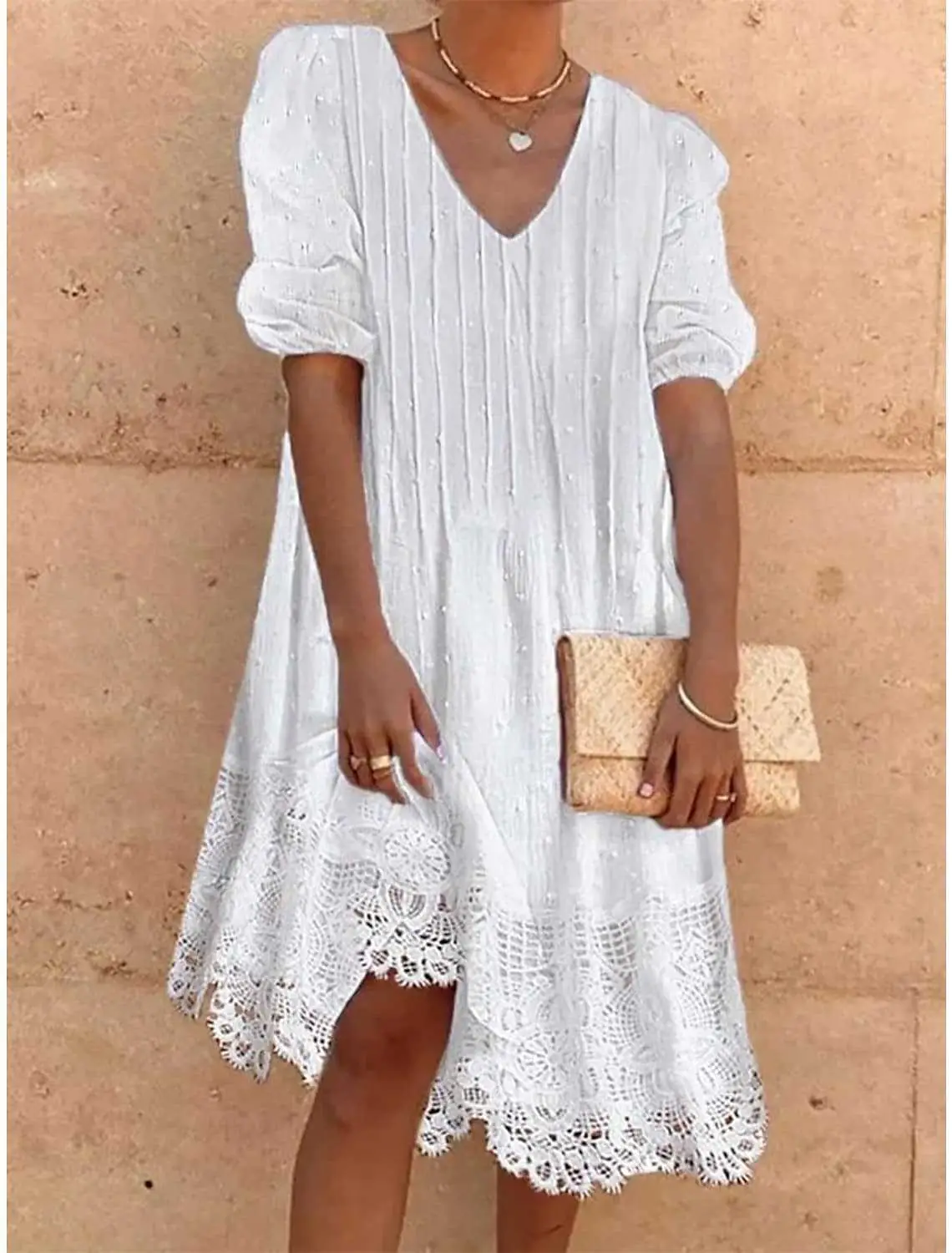 White V-Neck Lace Summer Dress for Women