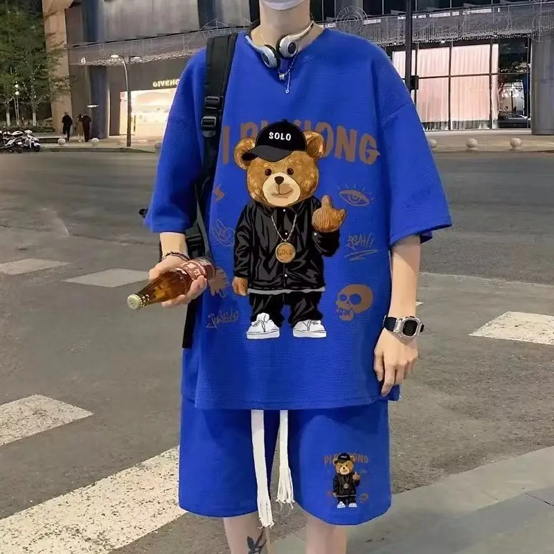 Men Waffle Casual T-Shirt Shorts Set Black Artistic Design