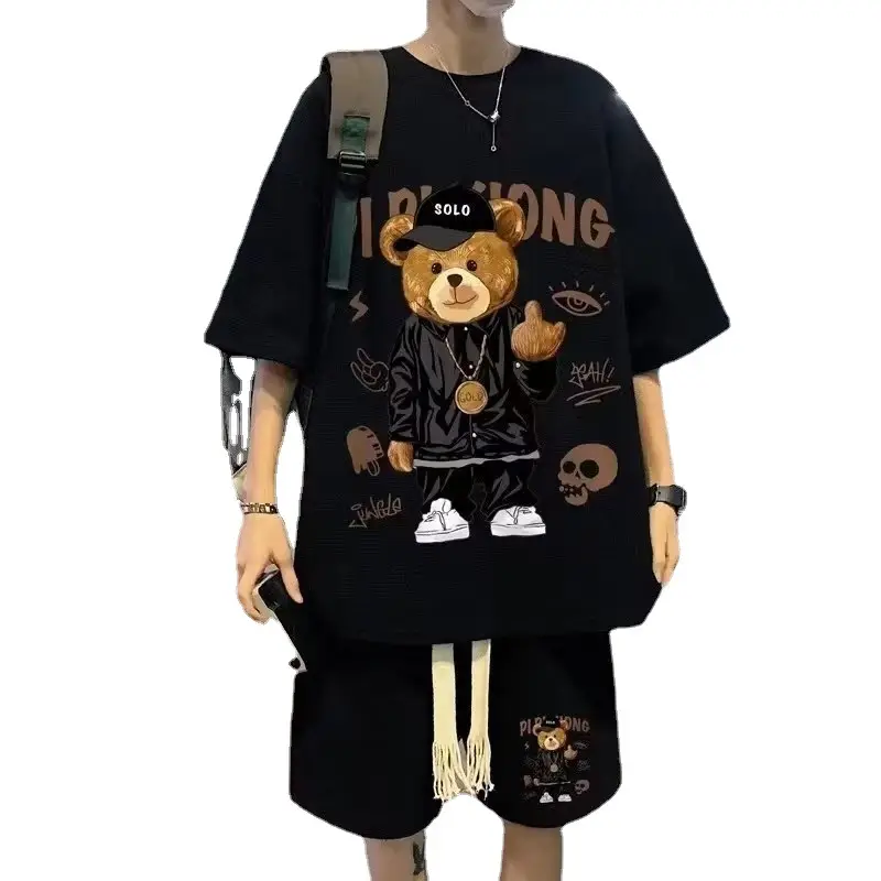 Men Waffle Casual T-Shirt Shorts Set Black Artistic Design