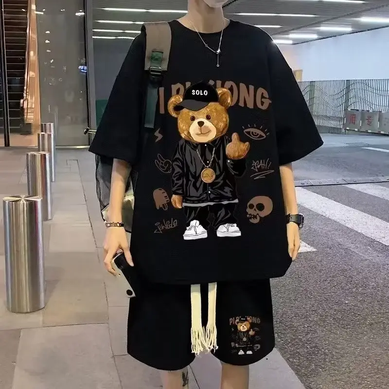Men Waffle Casual T-Shirt Shorts Set Black Artistic Design — feature 4