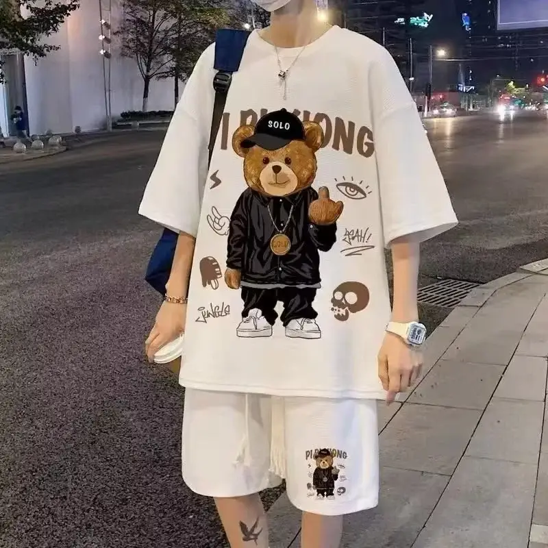 Men Waffle Casual T-Shirt Shorts Set Black Artistic Design — feature 5