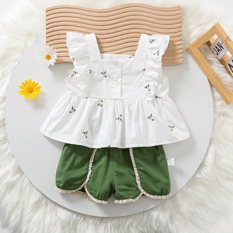 White Embroidered Baby Vest & Lace Shorts Set - Image 2