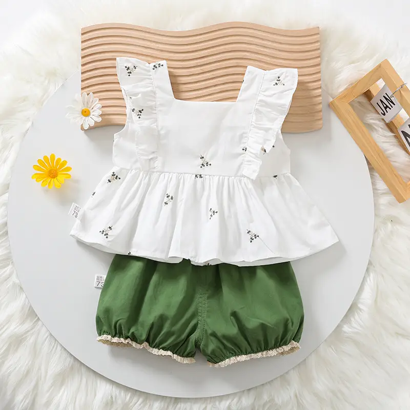 White Embroidered Baby Vest & Lace Shorts Set — feature 2