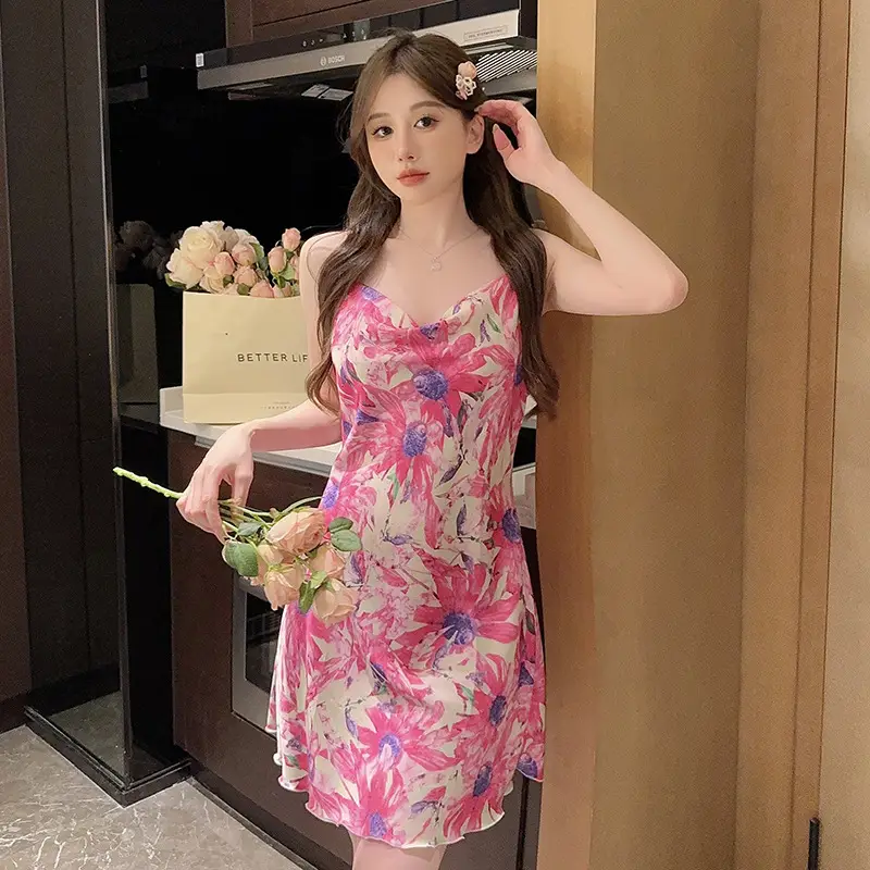 Sexy Pajamas Women's Summer 2023 New Style Ice Collar Silk Sling Nightgown Mid-length Spring and Autumn Small Chest Thin