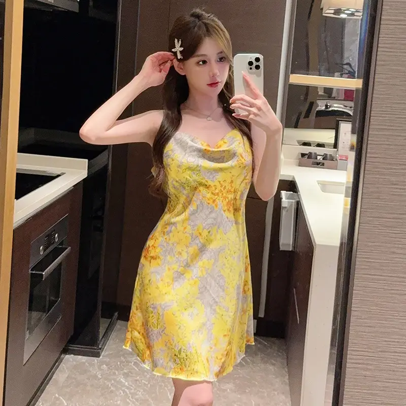 Sexy Pajamas Women's Summer 2023 New Style Ice Collar Silk Sling Nightgown Mid-length Spring and Autumn Small Chest Thin