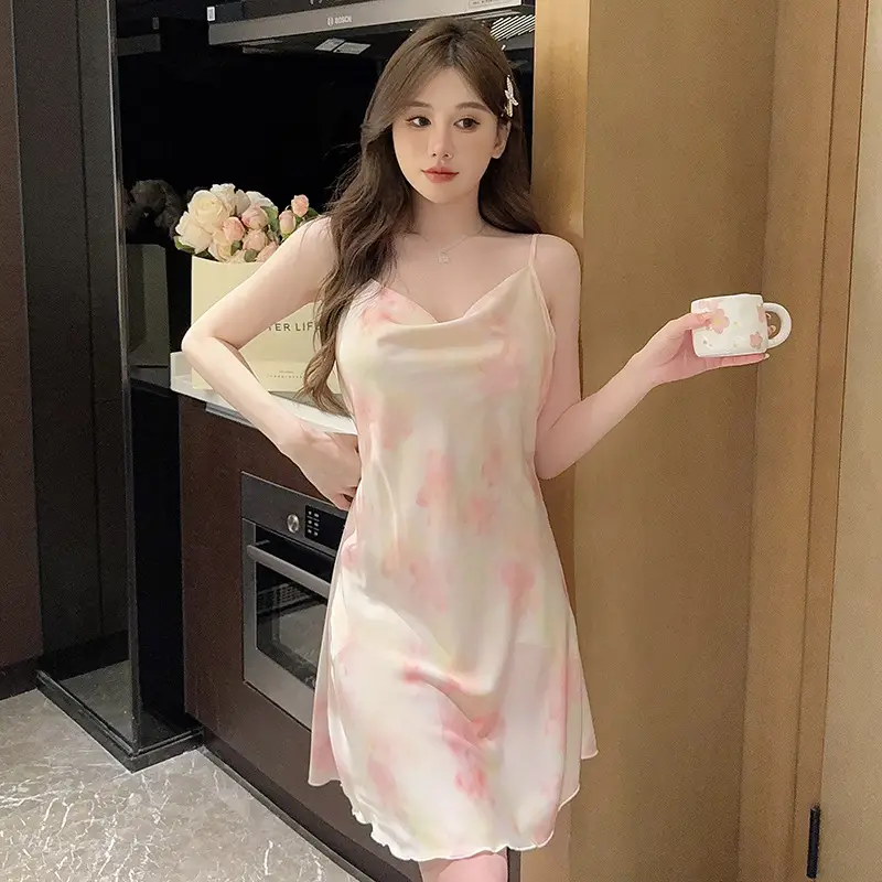 Sexy Pajamas Women's Summer 2023 New Style Ice Collar Silk Sling Nightgown Mid-length Spring and Autumn Small Chest Thin