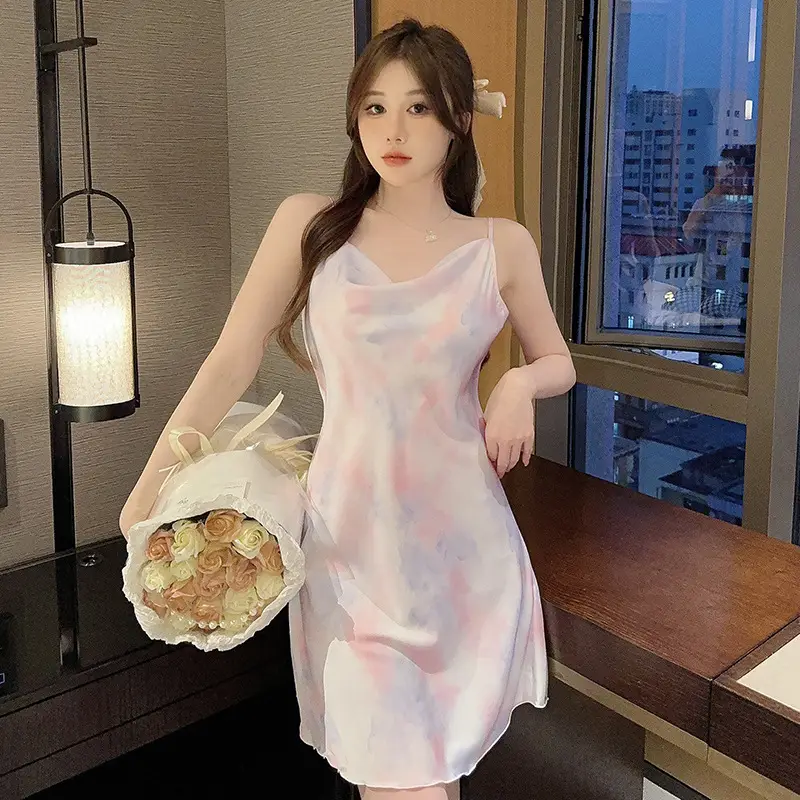 Sexy Pajamas Women's Summer 2023 New Style Ice Collar Silk Sling Nightgown Mid-length Spring and Autumn Small Chest Thin