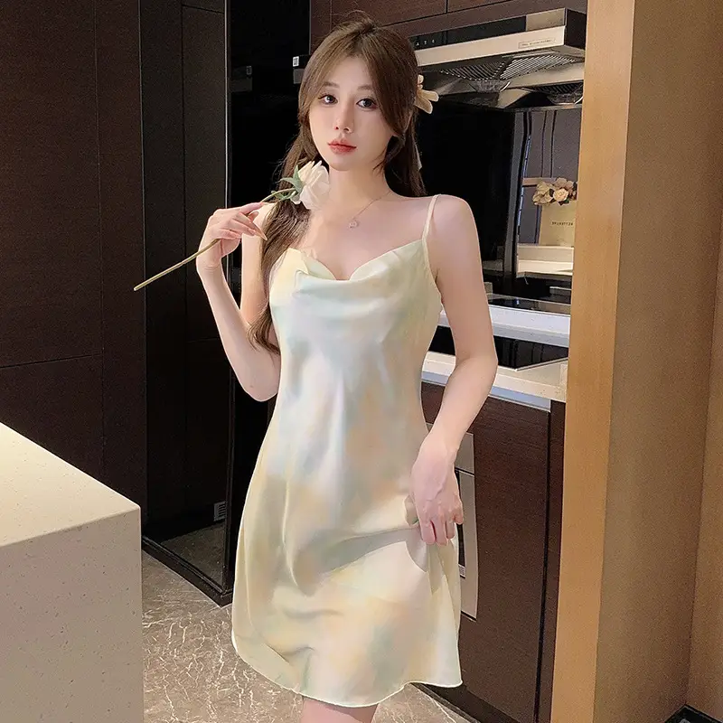 Sexy Pajamas Women's Summer 2023 New Style Ice Collar Silk Sling Nightgown Mid-length Spring and Autumn Small Chest Thin