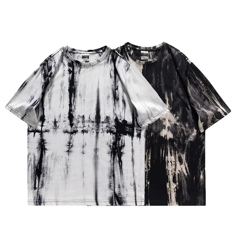 Men Tie-dyed Loose Half Sleeve T-shirt Black White - Image 9