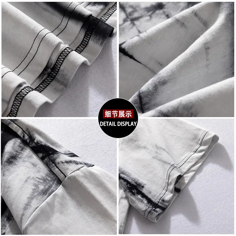 Men Tie-dyed Loose Half Sleeve T-shirt Black White - Image 10