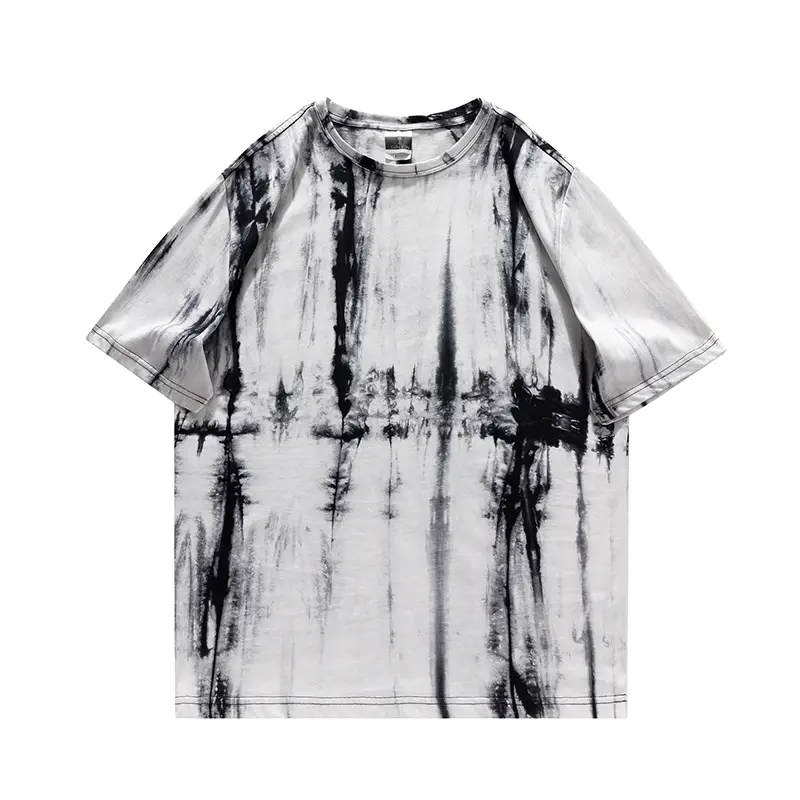 Men Tie-dyed Loose Half Sleeve T-shirt Black White - Image 11