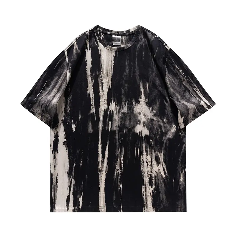 Men Tie-dyed Loose Half Sleeve T-shirt Black White - Image 12