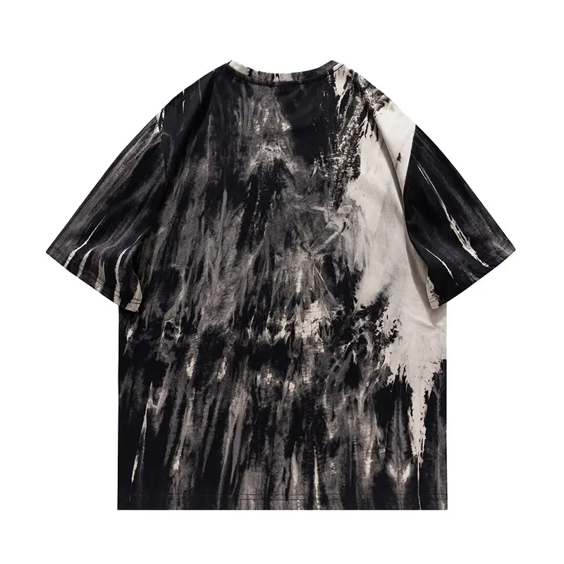 Men Tie-dyed Loose Half Sleeve T-shirt Black White - Image 13