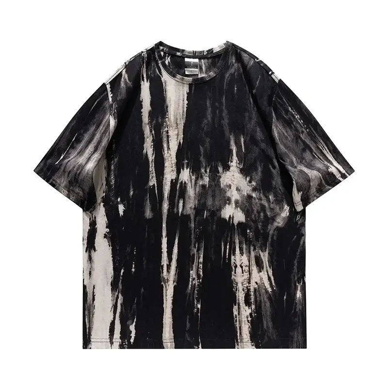 Men Tie-dyed Loose Half Sleeve T-shirt Black White - Image 3