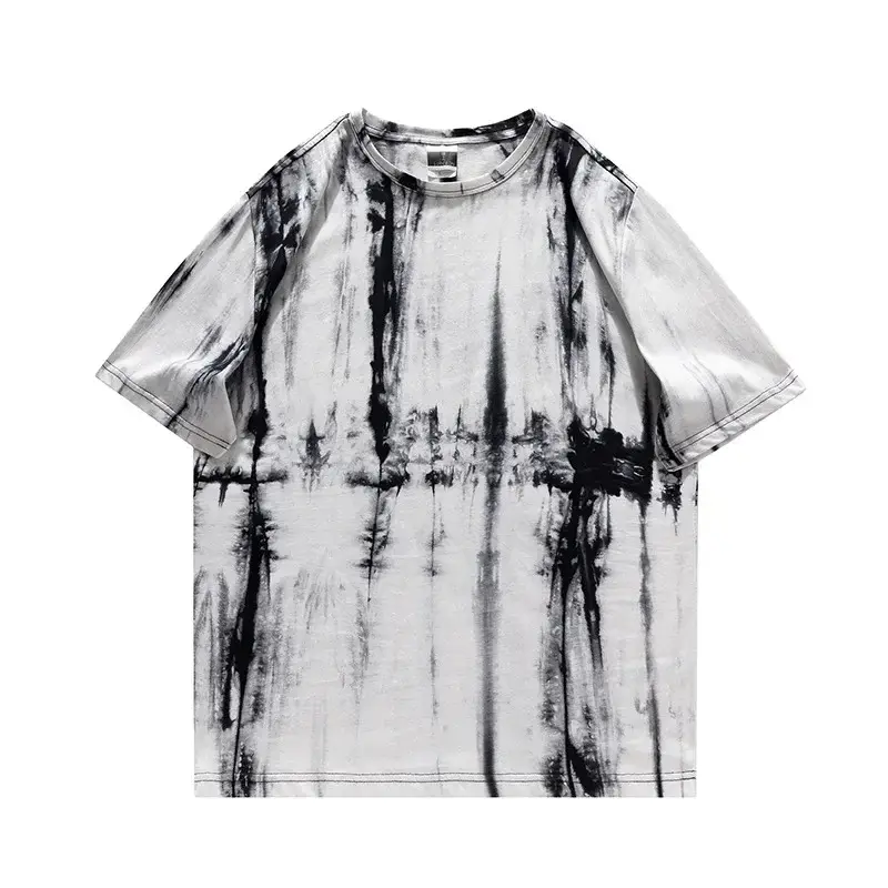 Men Tie-dyed Loose Half Sleeve T-shirt Black White - Image 7