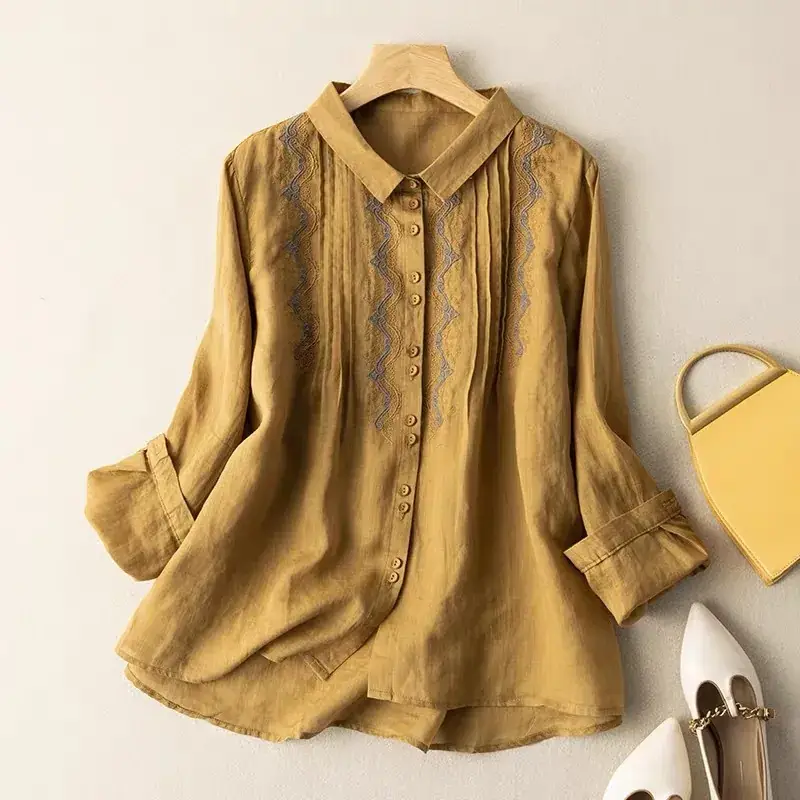 Women Embroidered Ramie Shirt Yellow 2023 Spring - Image 7