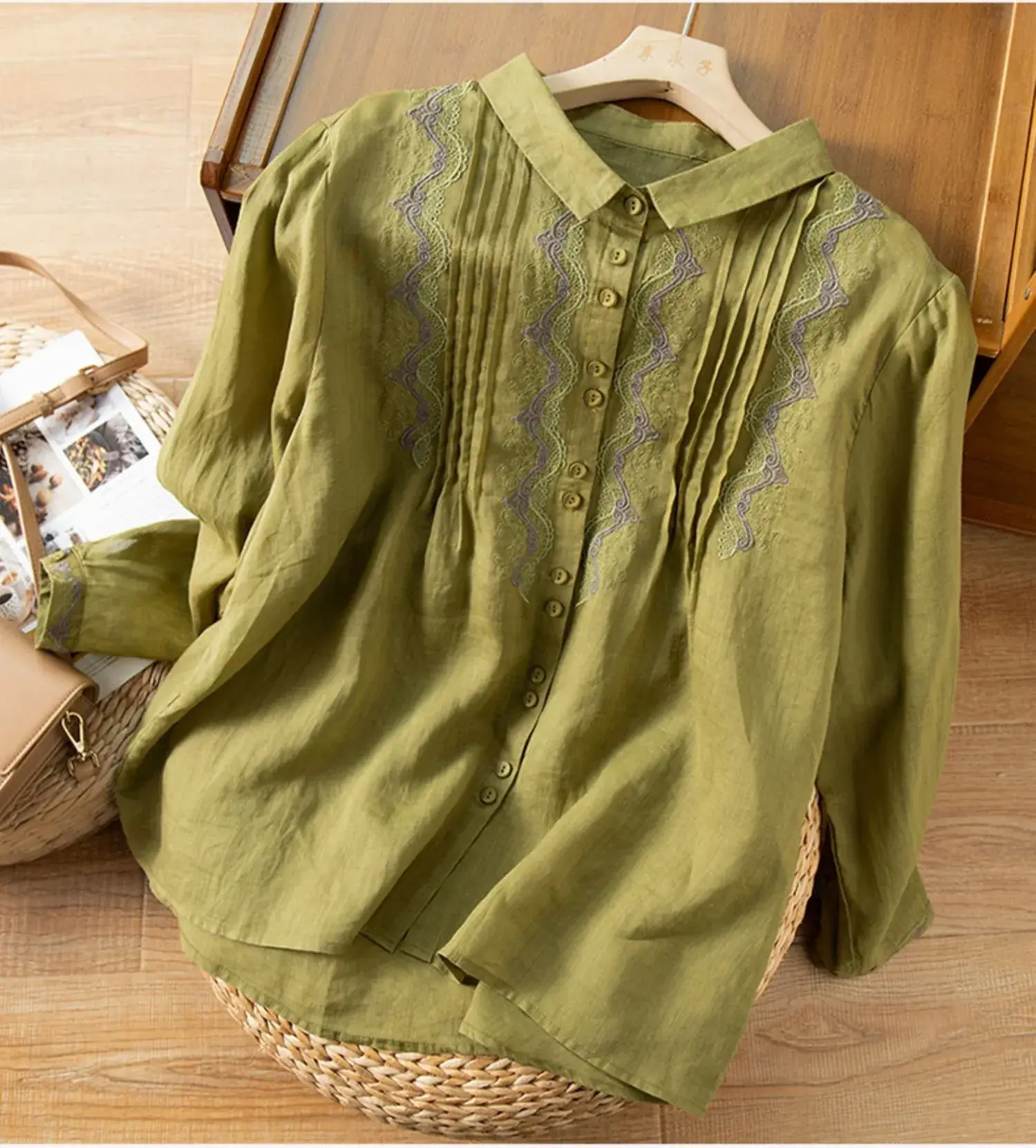 Women Embroidered Ramie Shirt Yellow 2023 Spring - Image 8