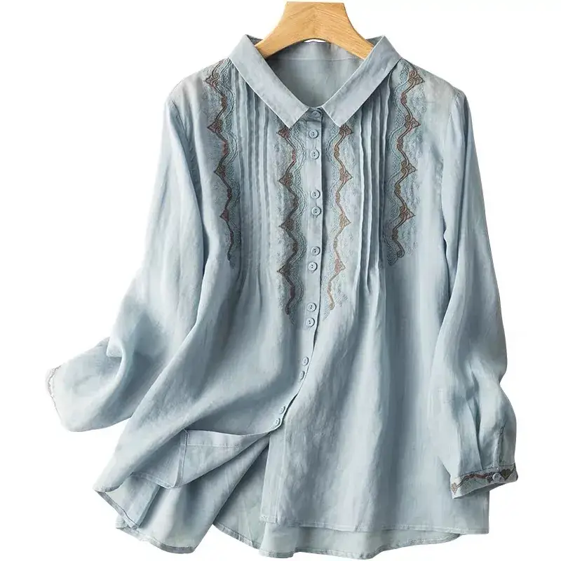 Women Embroidered Ramie Shirt Yellow 2023 Spring - Image 9