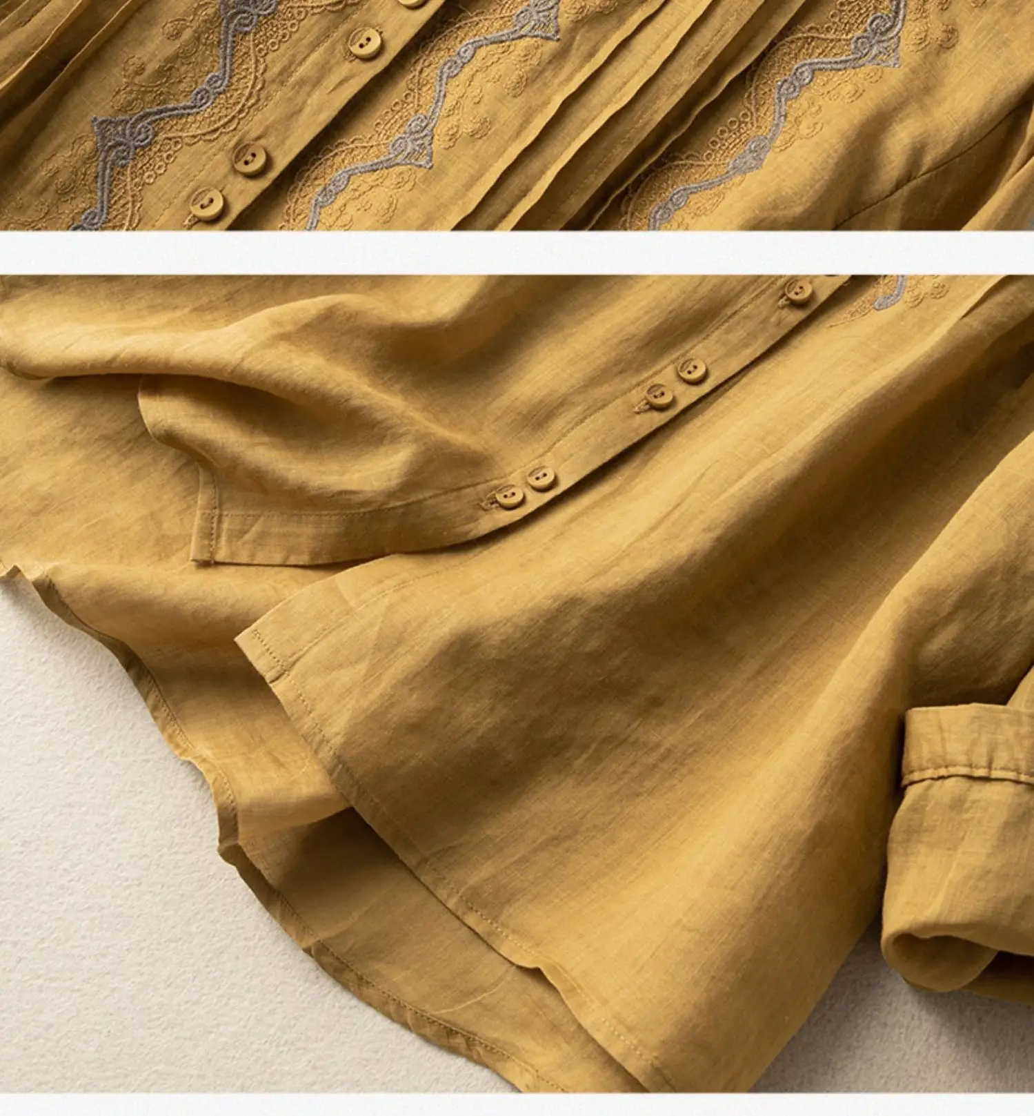 Women Embroidered Ramie Shirt Yellow 2023 Spring — feature 8