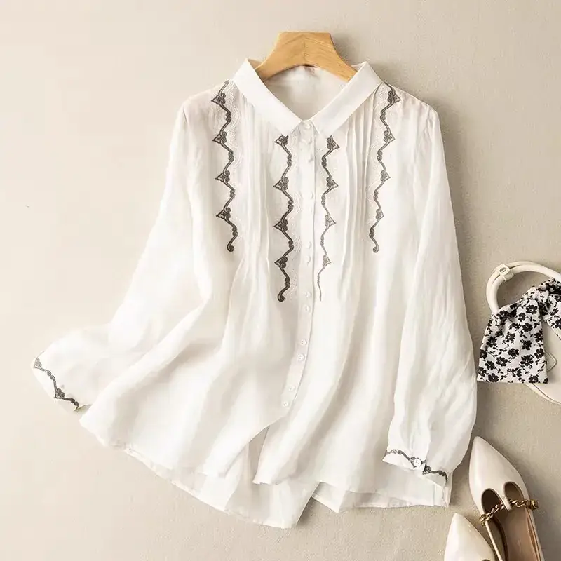 Women Embroidered Ramie Shirt Yellow 2023 Spring - Image 3