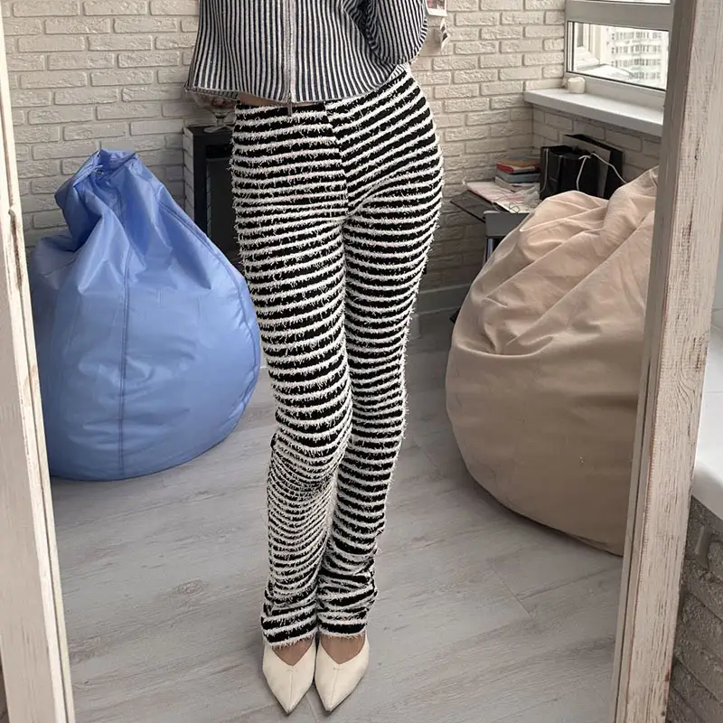 Woolen Striped Slim Fit Casual Pants Black White