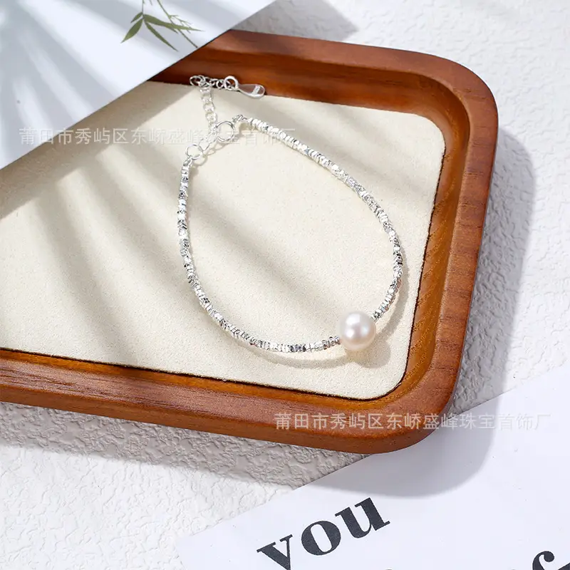 S925 Broken Silver Necklace with Pearl & Bracelet Set - Image 3