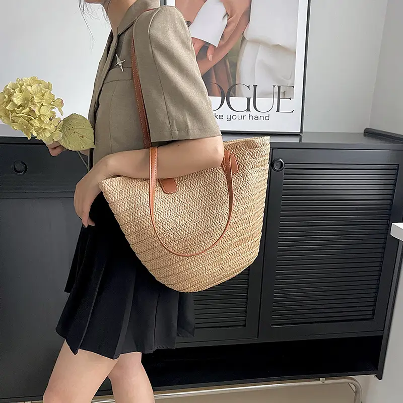 Women's Straw Bucket Bag Western Style One Shoulder - Image 6