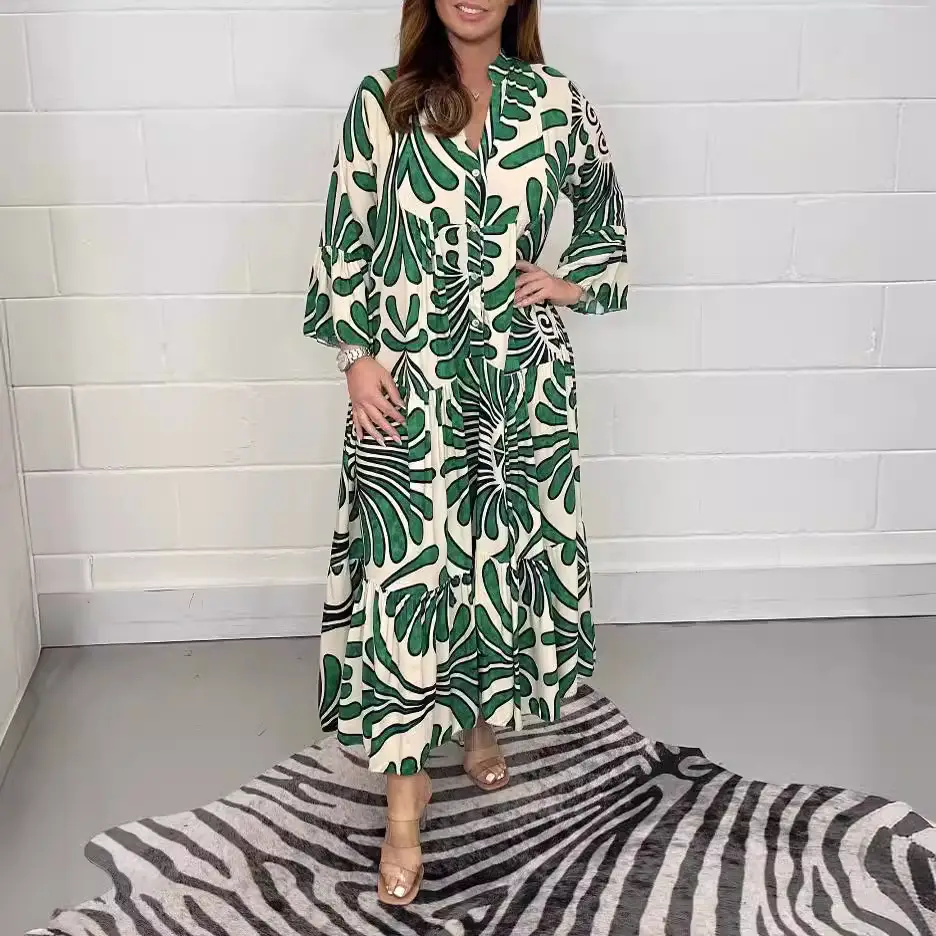 2024 Printed V-neck Nine-sleeve Long Dress - Image 4
